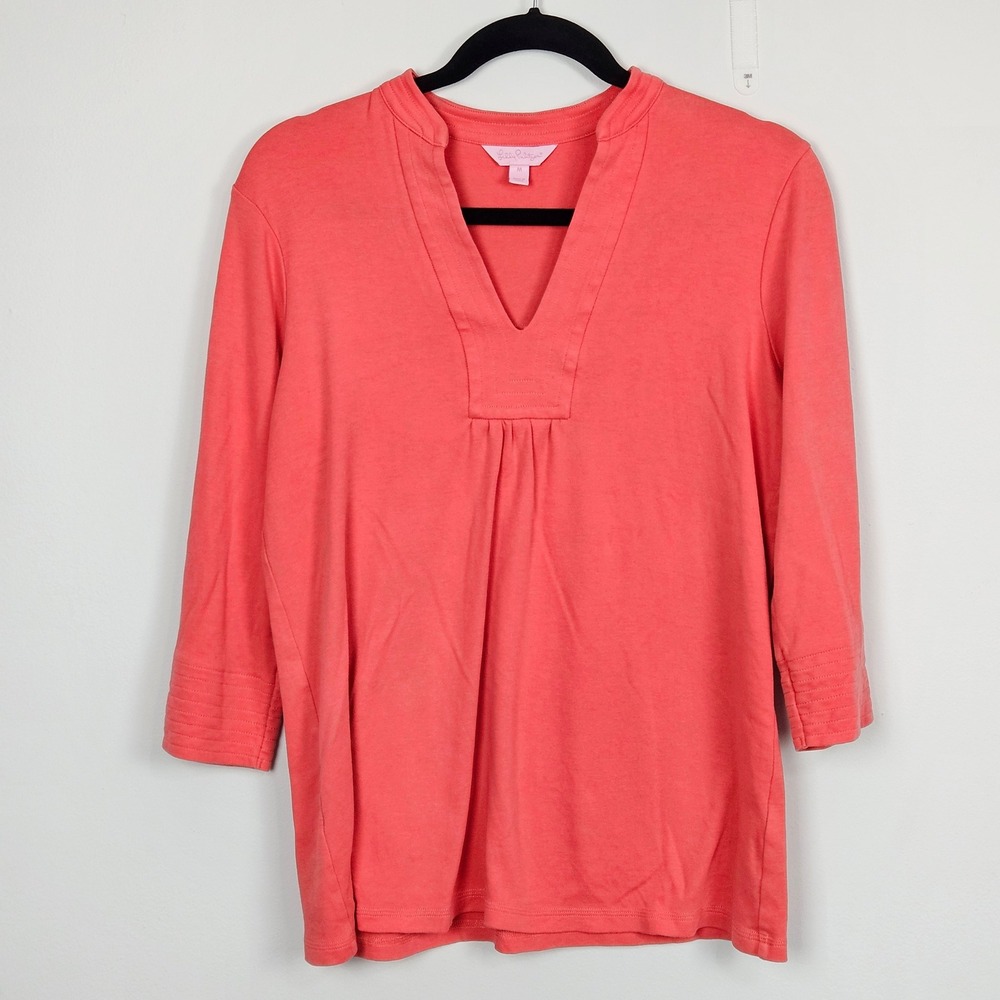 Lilly Pulitzer Blouse Womens Sz M Coral 100% Cotton 3/4 Sleeve V-Neck Top FLAW